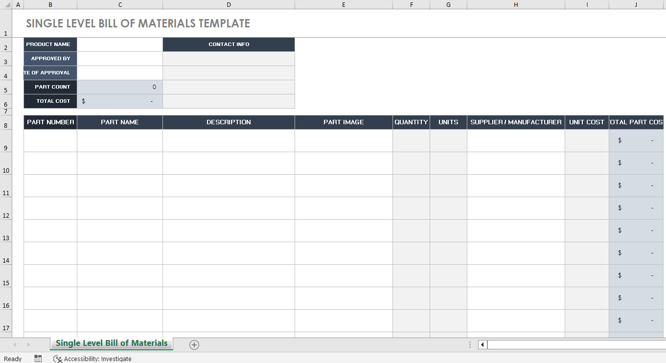 Excel Format for Single level BOM for project management