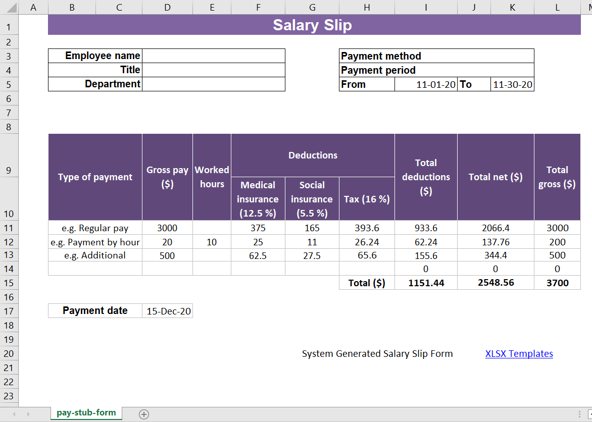 pay slip Excel templates