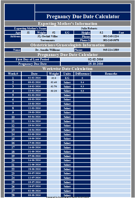 Pregnancy Due Date Calculator Excel Template For Free
