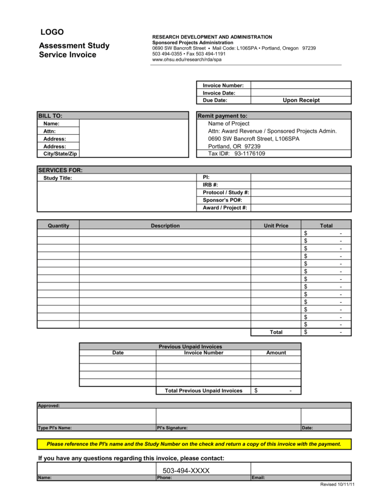 Assessment Study Service Invoice Template in Excel | Free