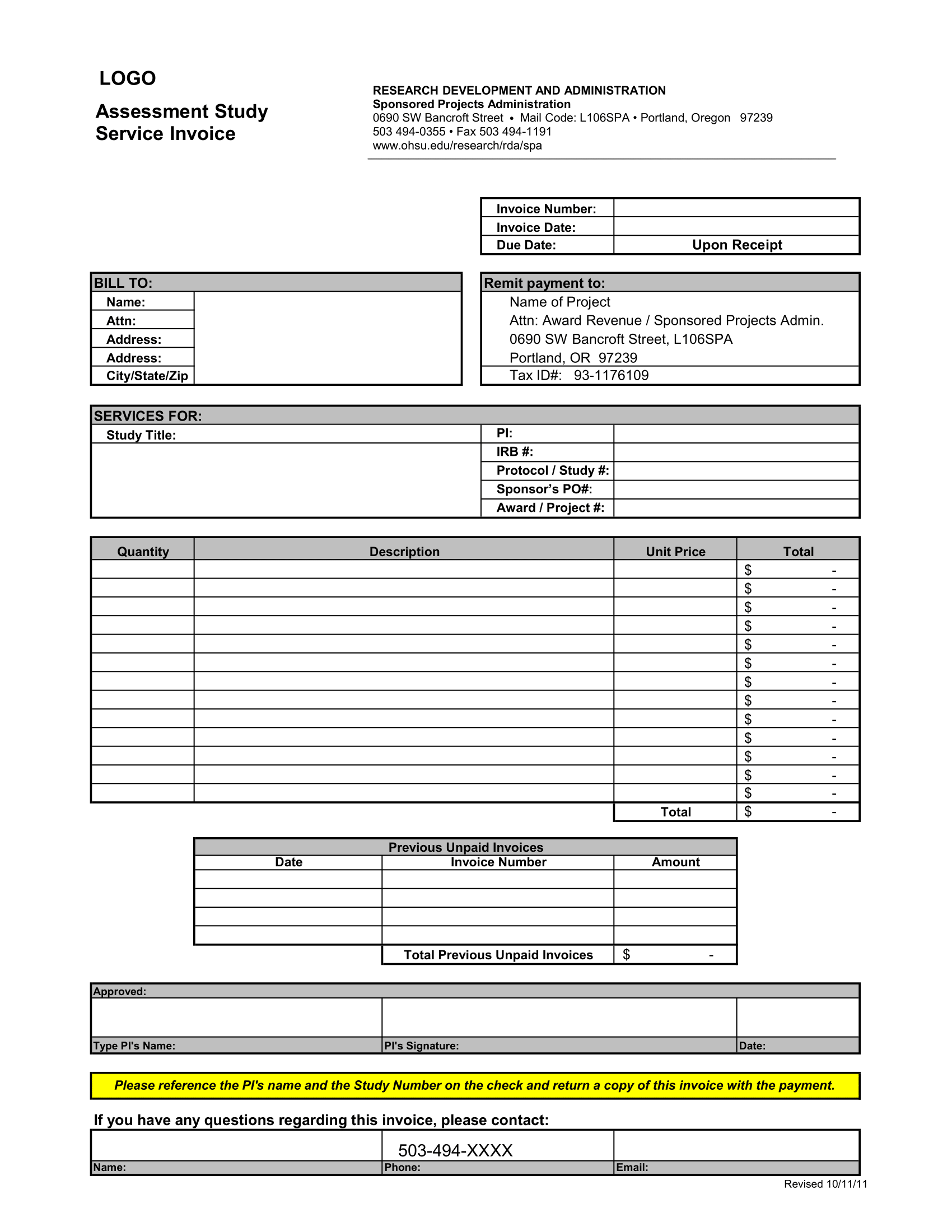 Assessment Study Service Invoice Template