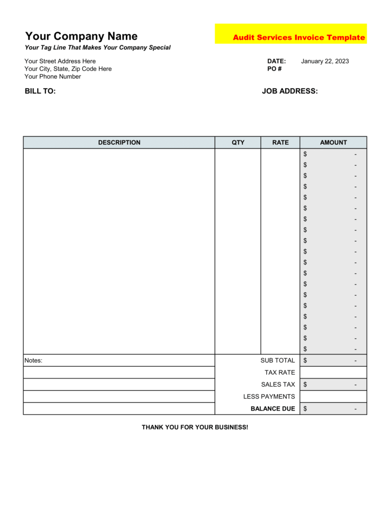 Download Sample Audit Services Invoice Template in Excel Sheet