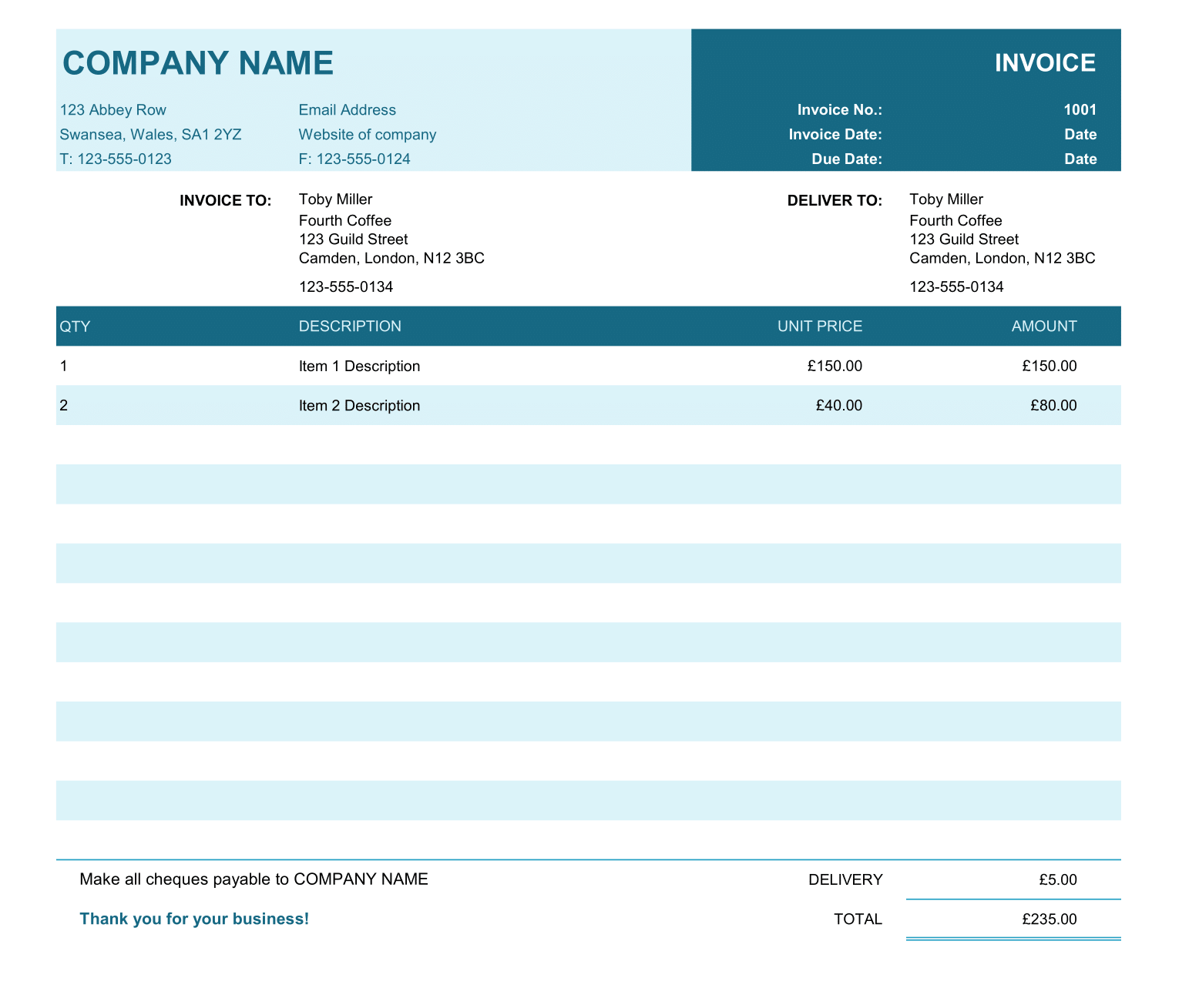Basic Invoice Template with Unit Price in Excel Format