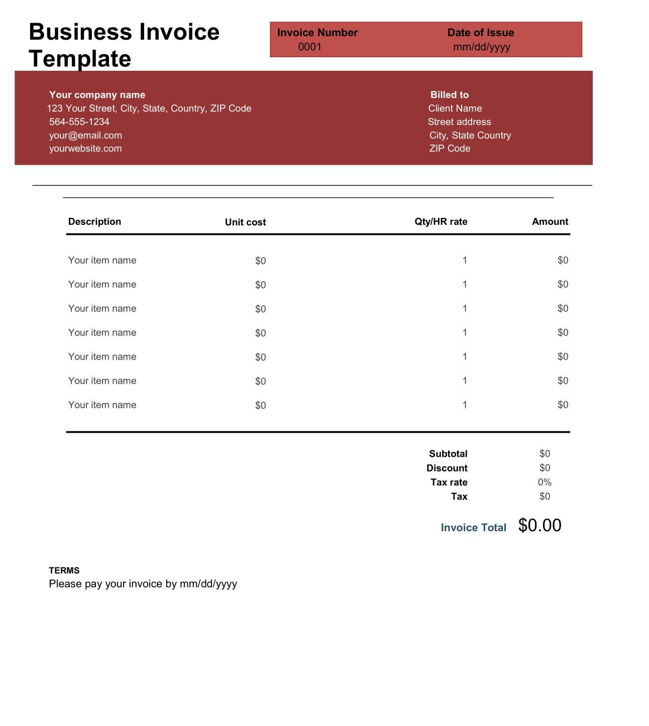 Business Invoice Template in Excel