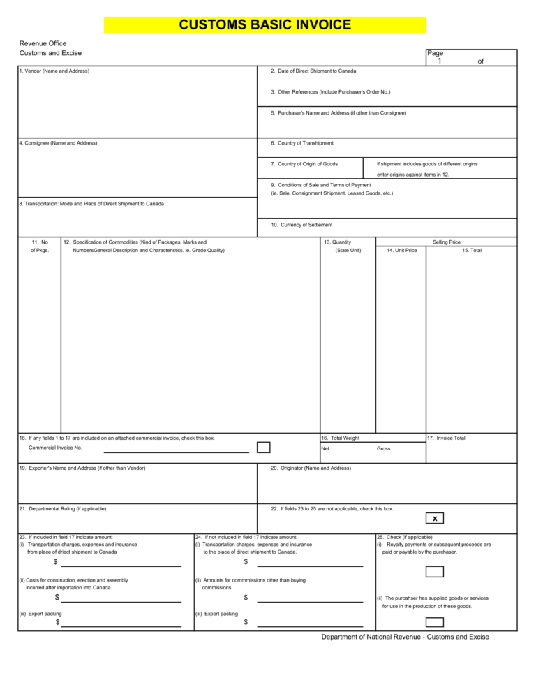 Customs Basic Invoice Template in Excel | Download Now For Free