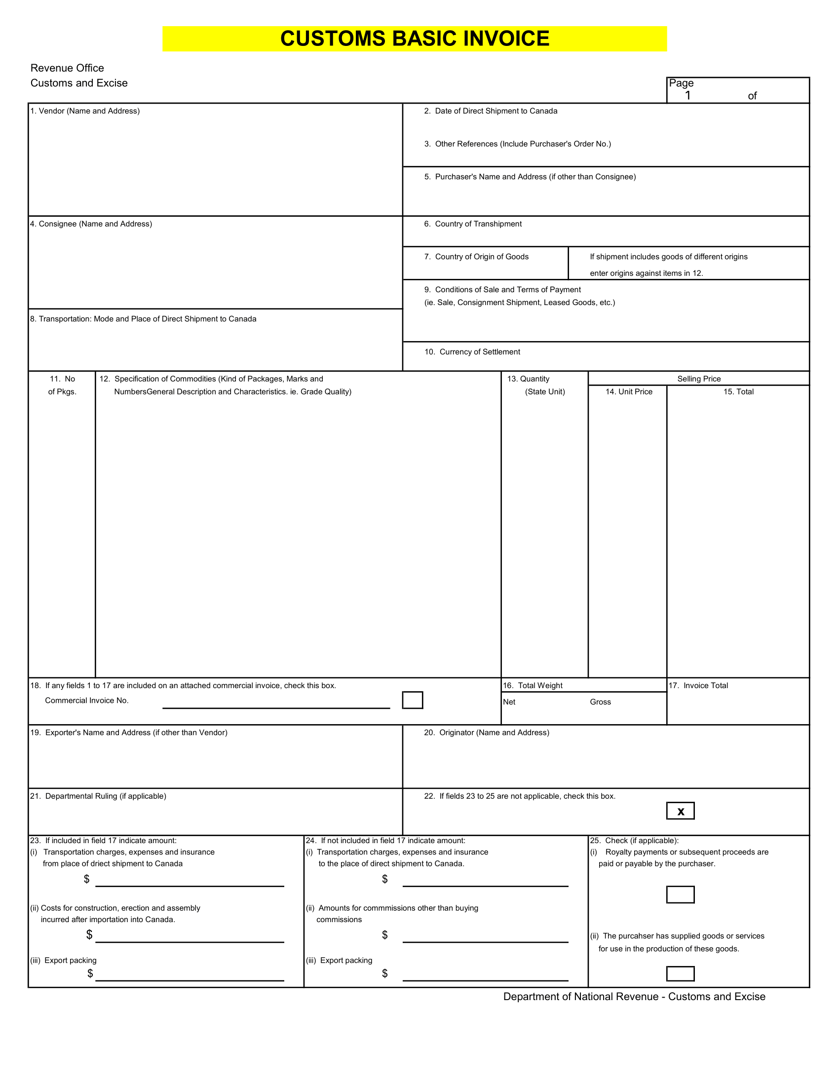 Customs Basic Invoice Format in Excel