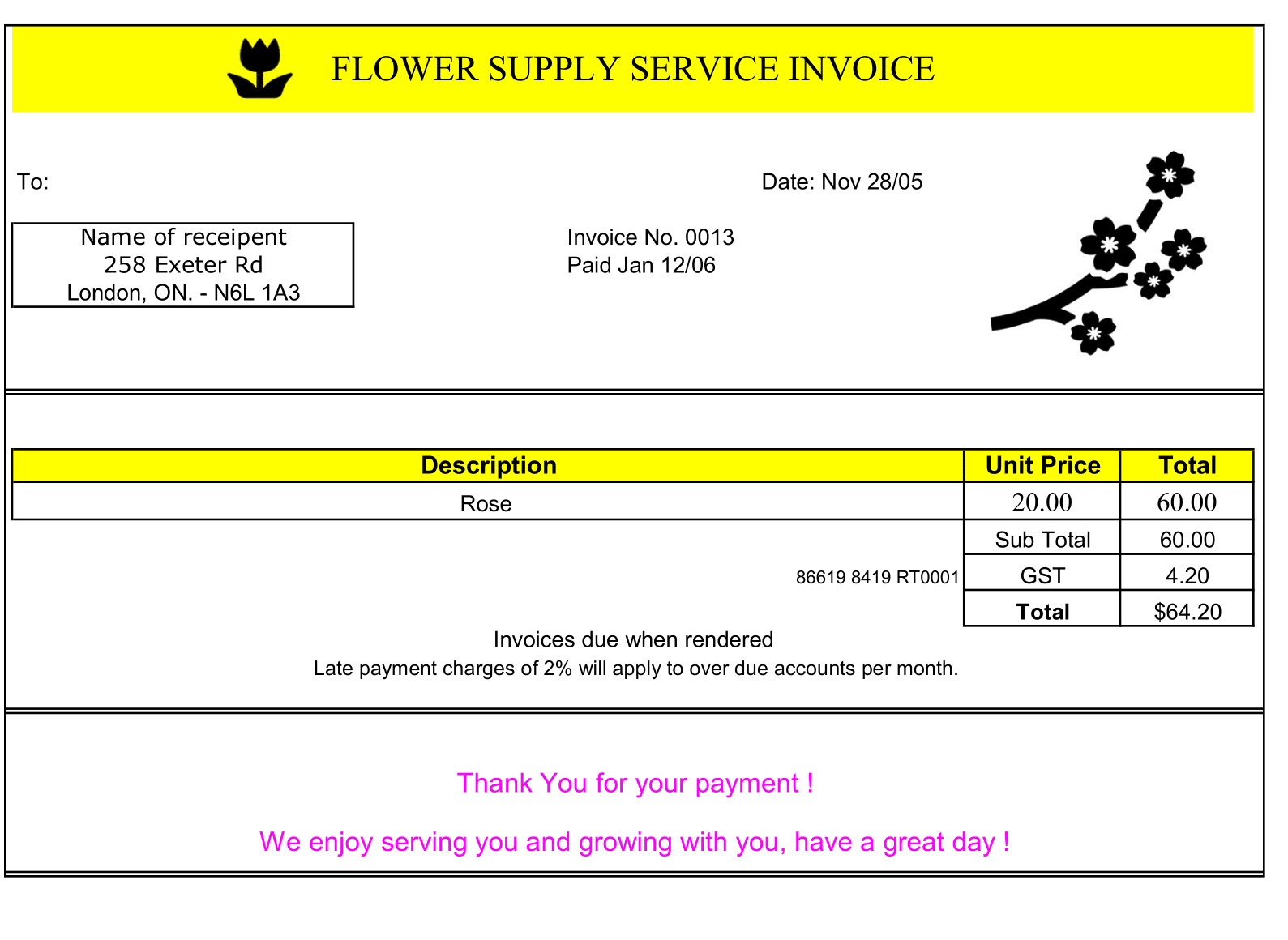 Flower Supply Service Invoice Template