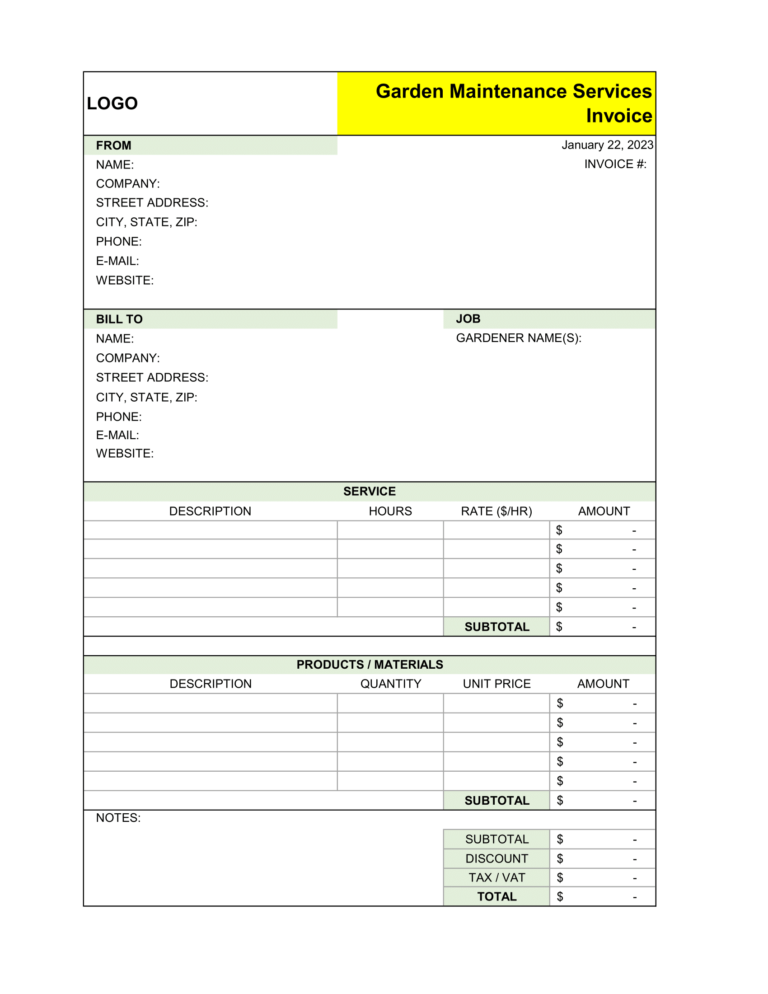Garden Maintenance Services Invoice Template in Excel Sheet