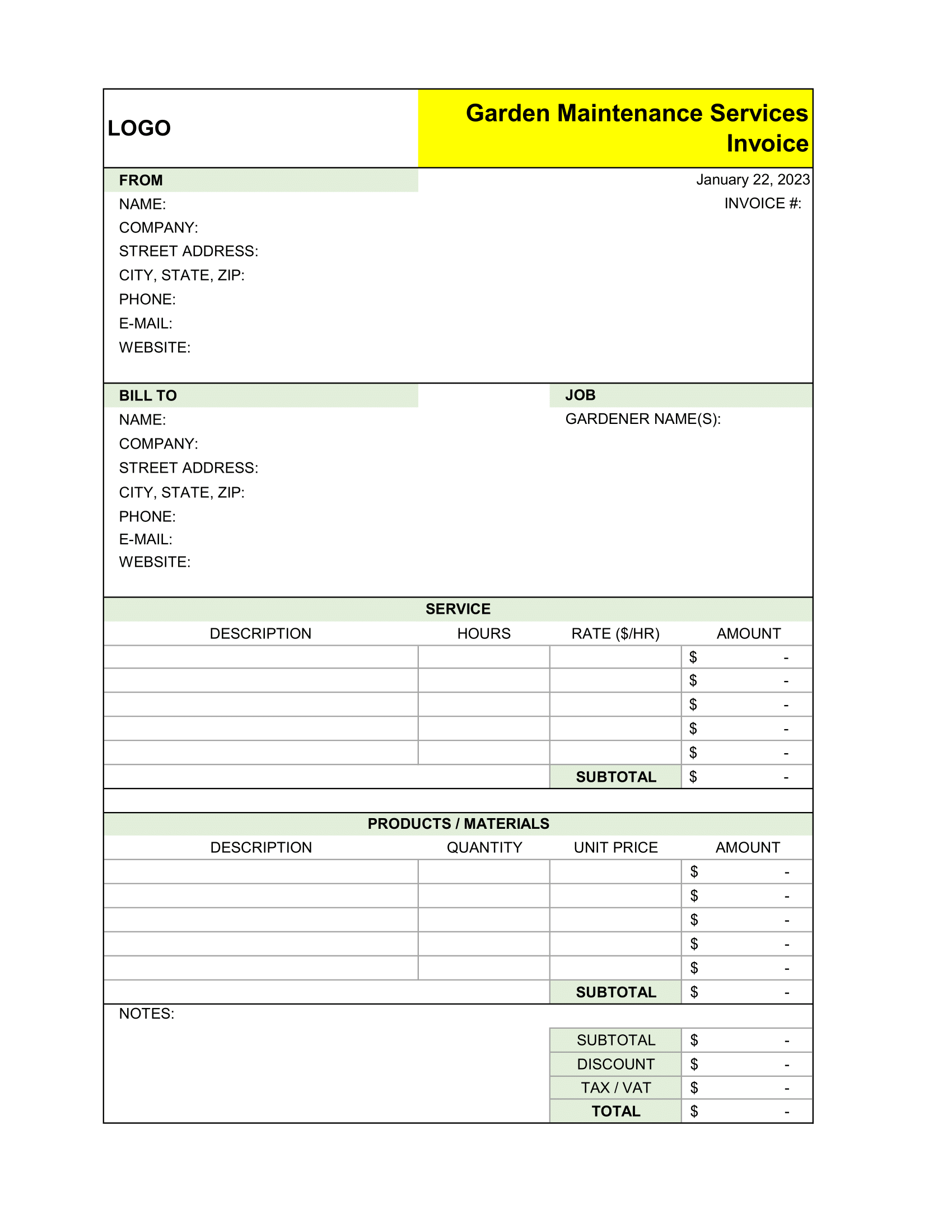 Garden Maintenance Services Invoice Format in Excel sheet