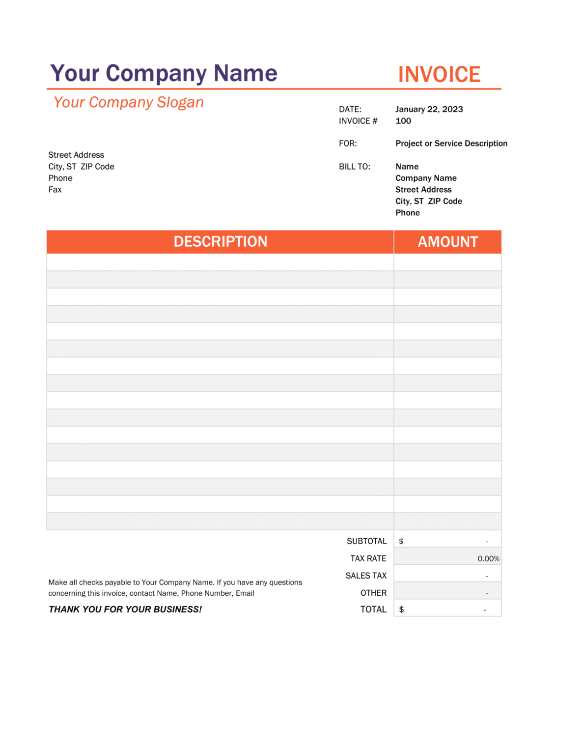 Download Invoice Template with Tax Calculation in Excel Sheet