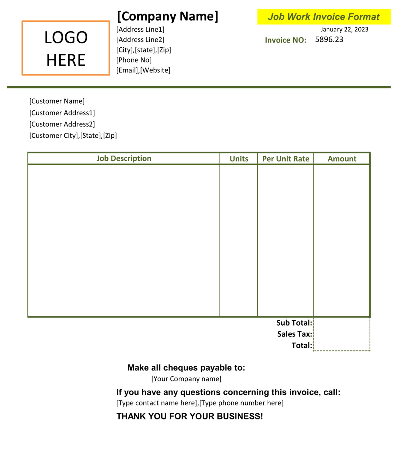 Job Invoice Template In Excel - Comprehensive Billing For Service