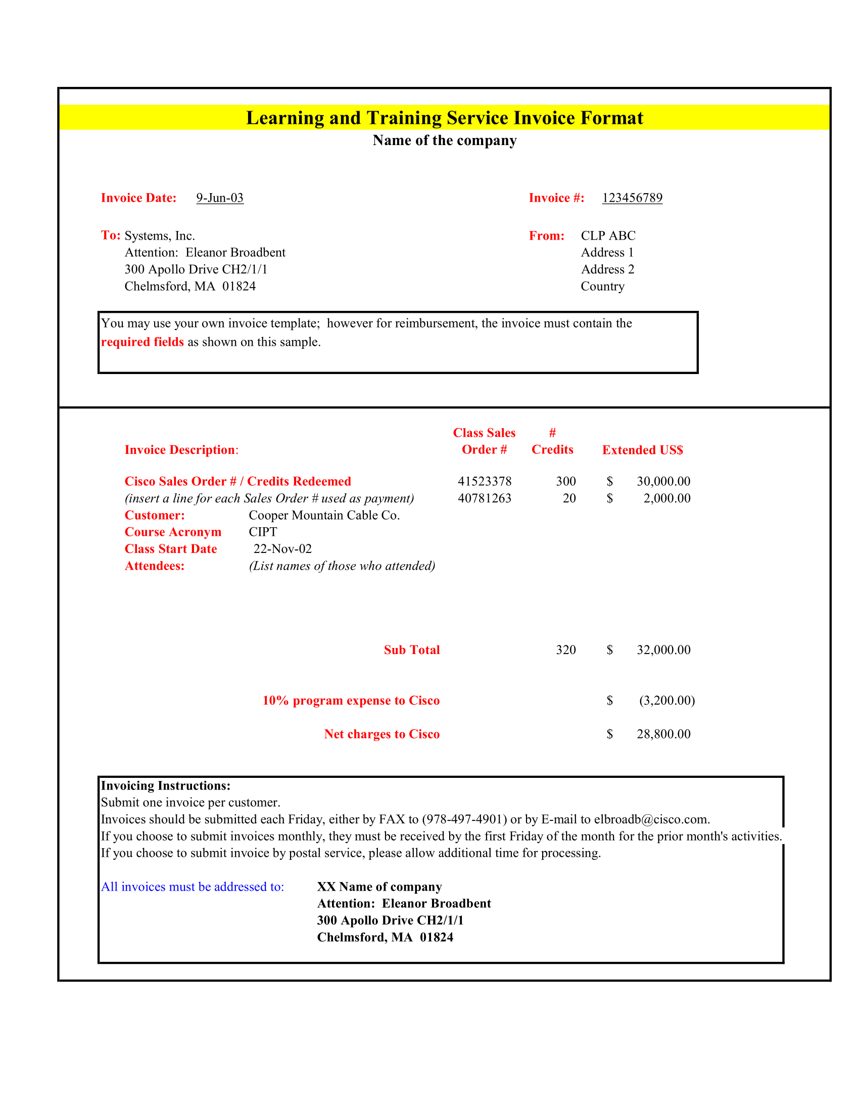 Learning and Training Service Invoice Format