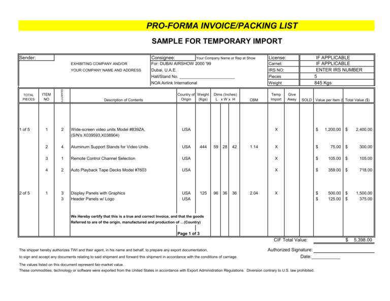 Download Free Proforma Invoice Template in Excel Sheet