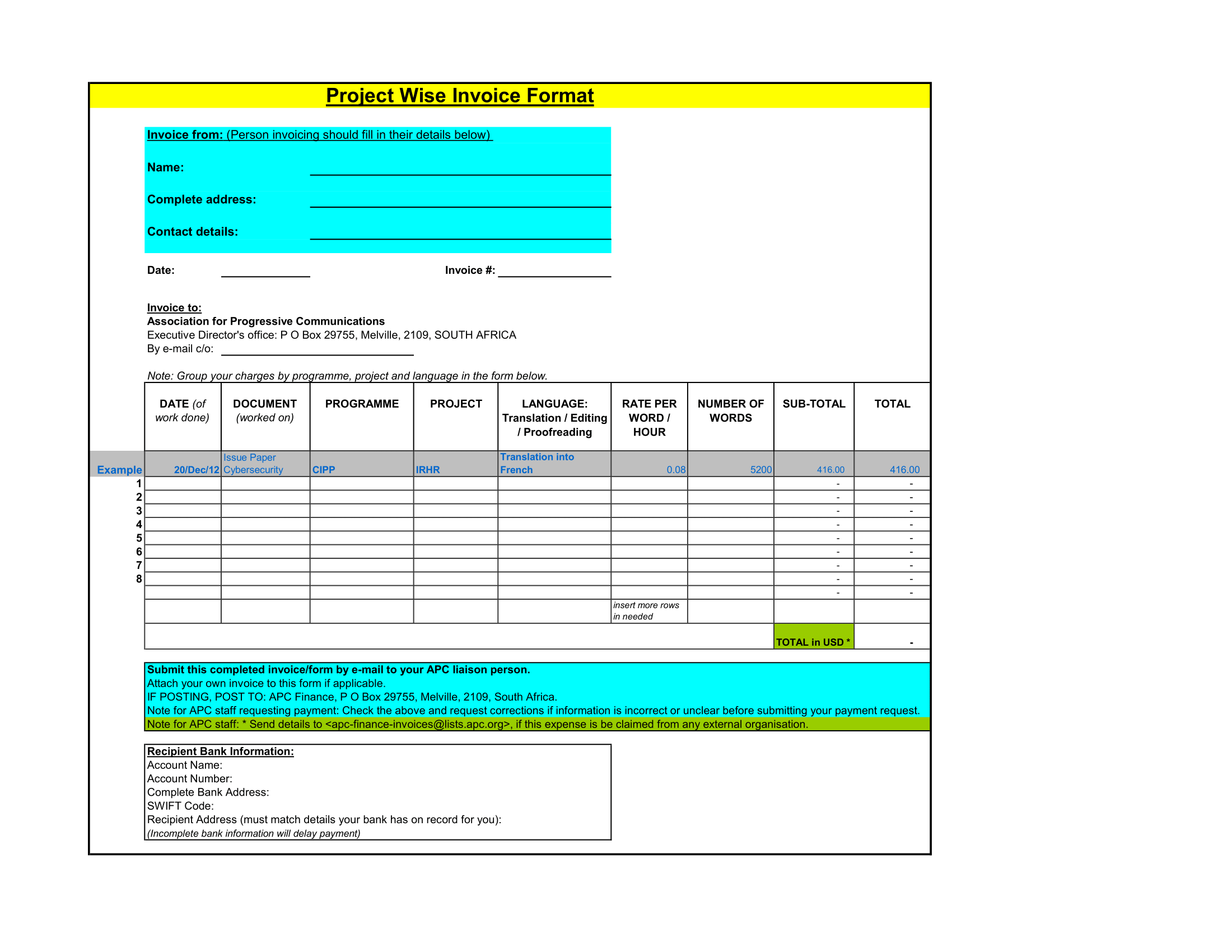 Project Wise Invoice Format in Excel