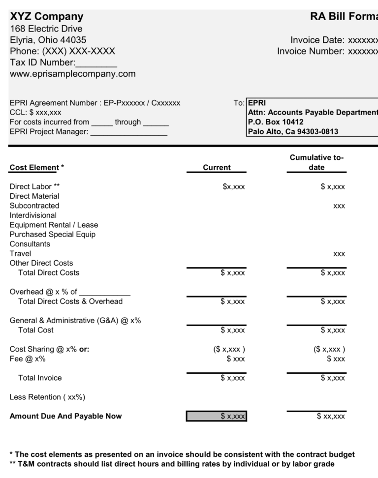 Free RA Bill Format in Excel Running Account Billing for Projects