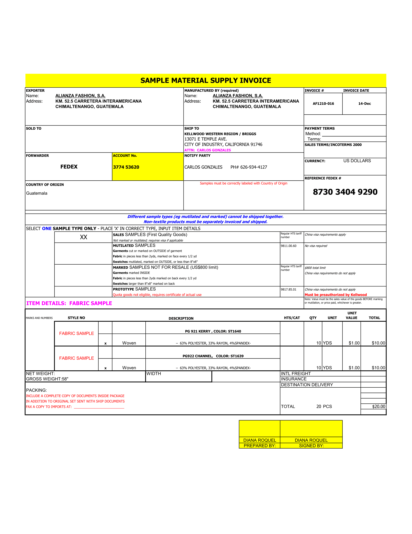 Sample Material Supply Invoice