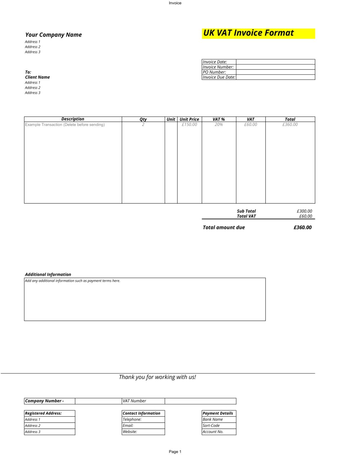 Downlaod Free UK VAT Invoice Template in Excel