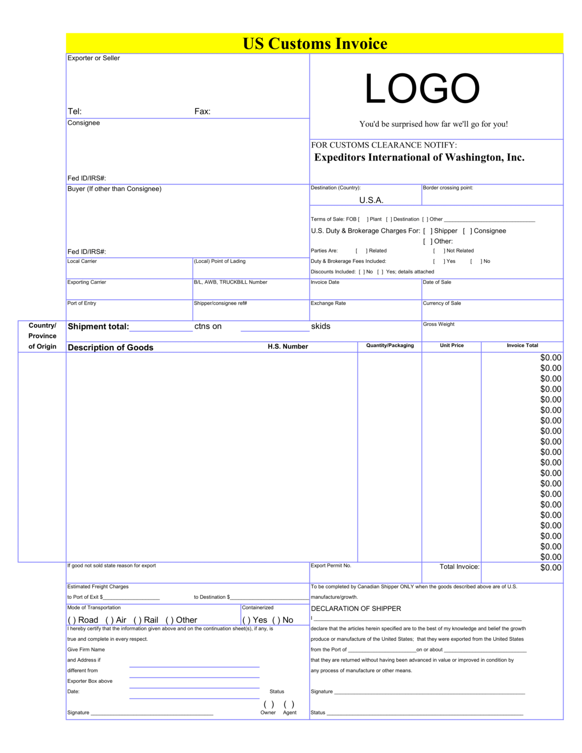 Download Free US Customs Invoice Template In Excel Sheet