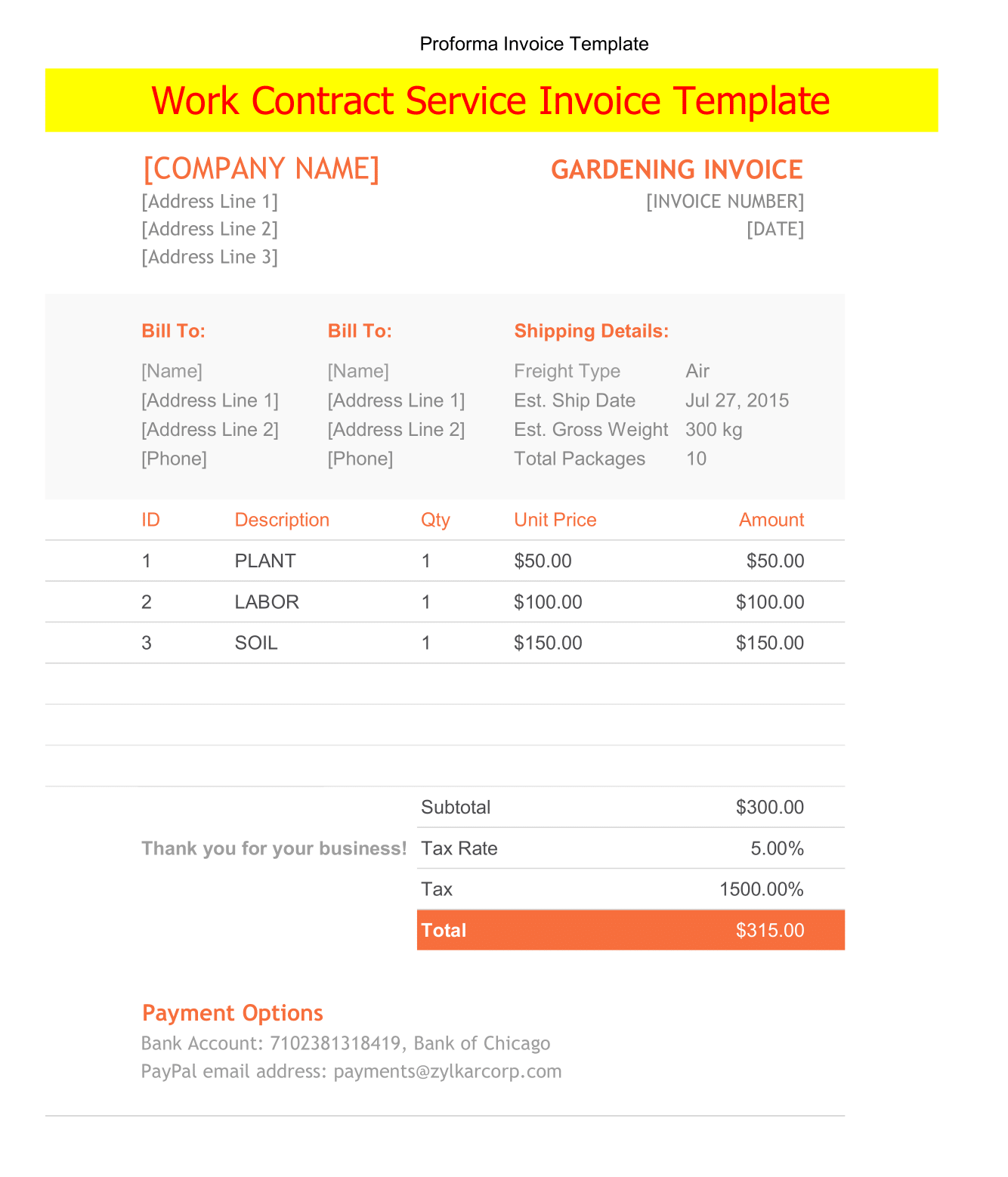Work Contract Service Invoice Template