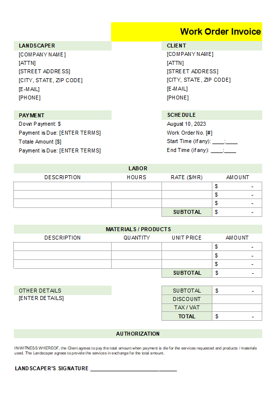 Work Order Invoice Format